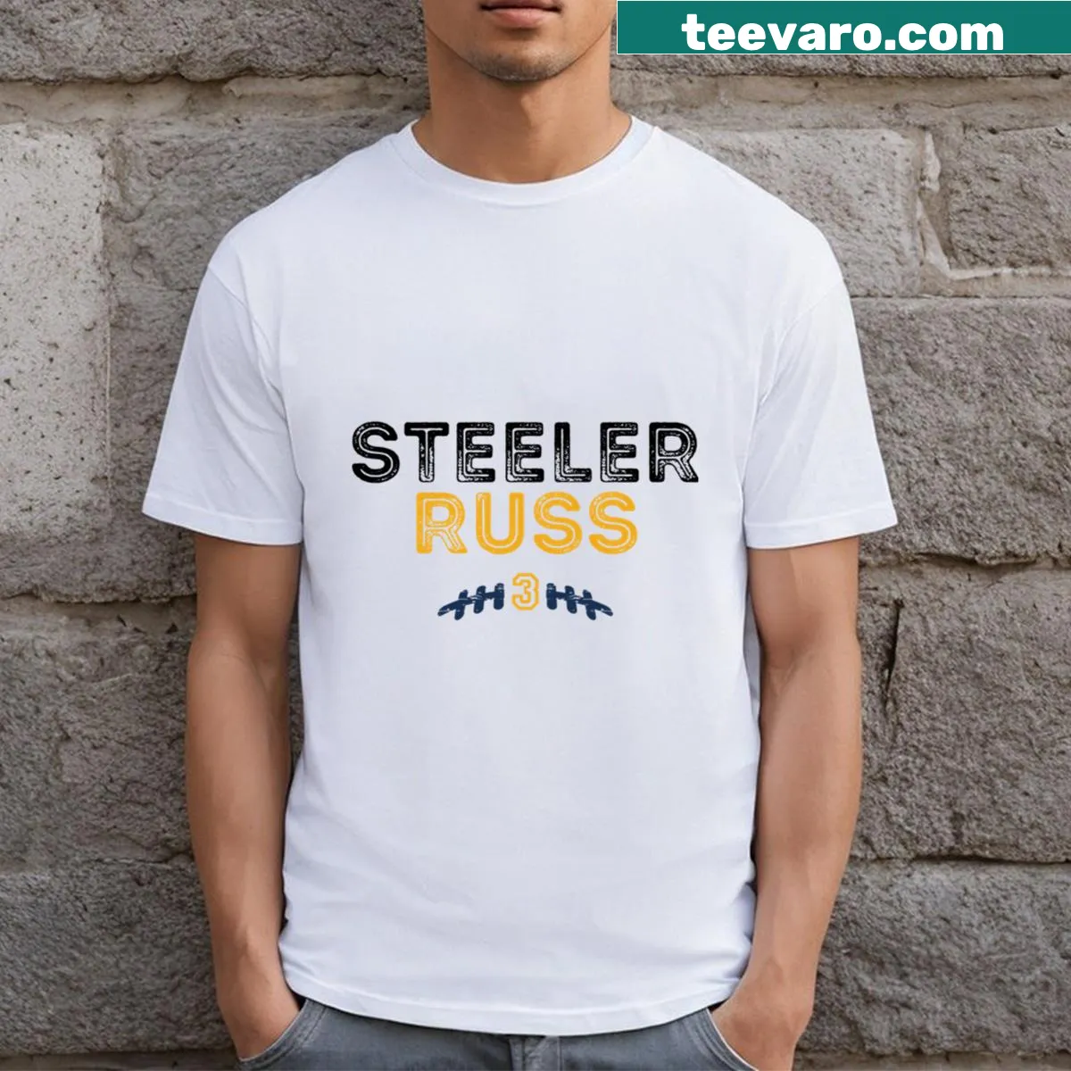 Illustrative team pride T-shirt for Steeler Russ fans — on a men's t-shirt