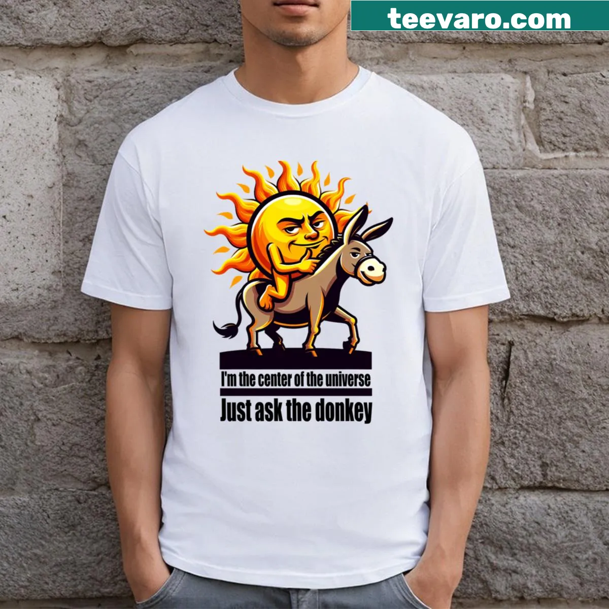 T-shirt featuring a sunny donkey illustration — on a men's t-shirt