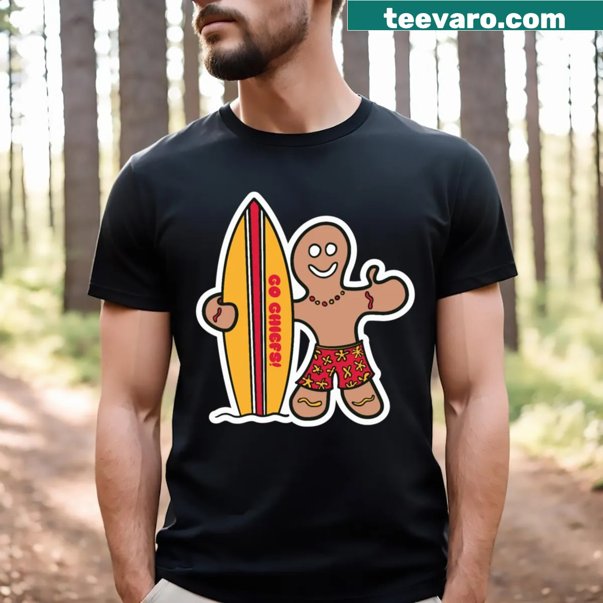 T-shirt with surf-themed design for Kansas City Chiefs fans — on a men's t-shirt