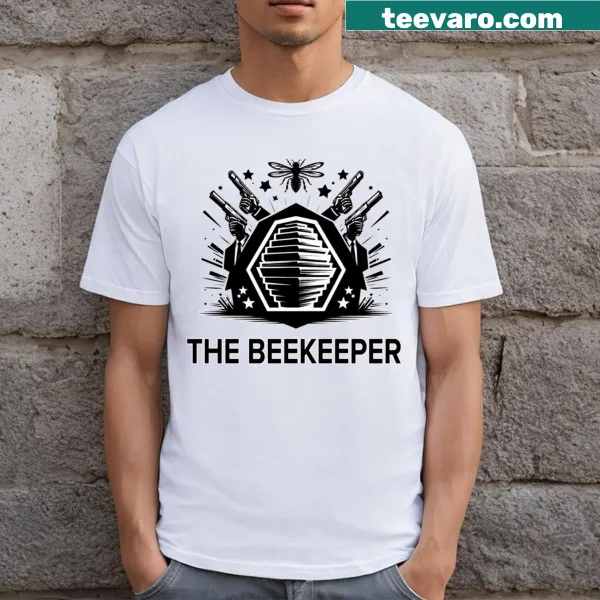 Graphic of bees and beekeeper on a film-themed t-shirt