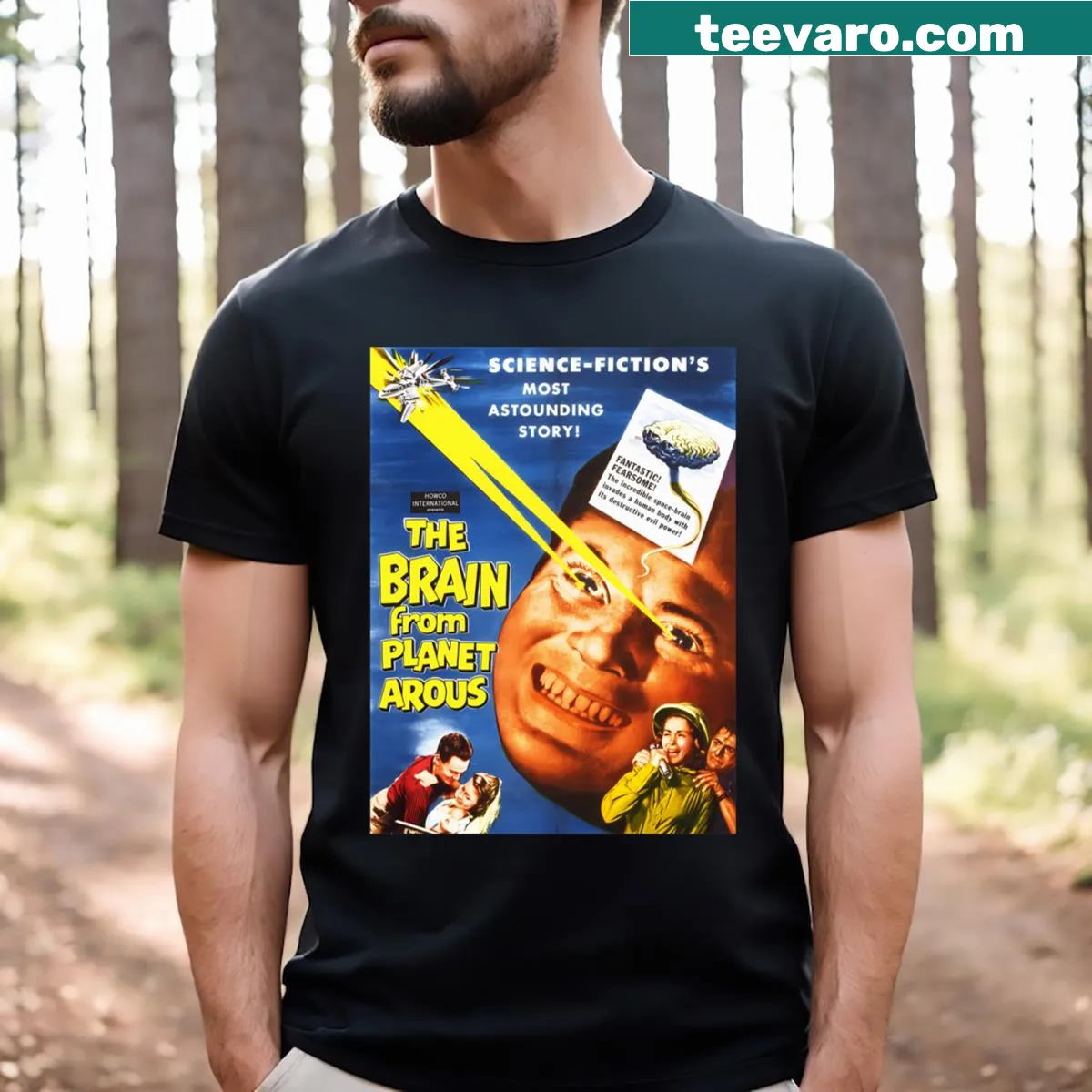 T-shirt featuring the Brain from Planet Arous in a fun graphic — on a men's t-shirt