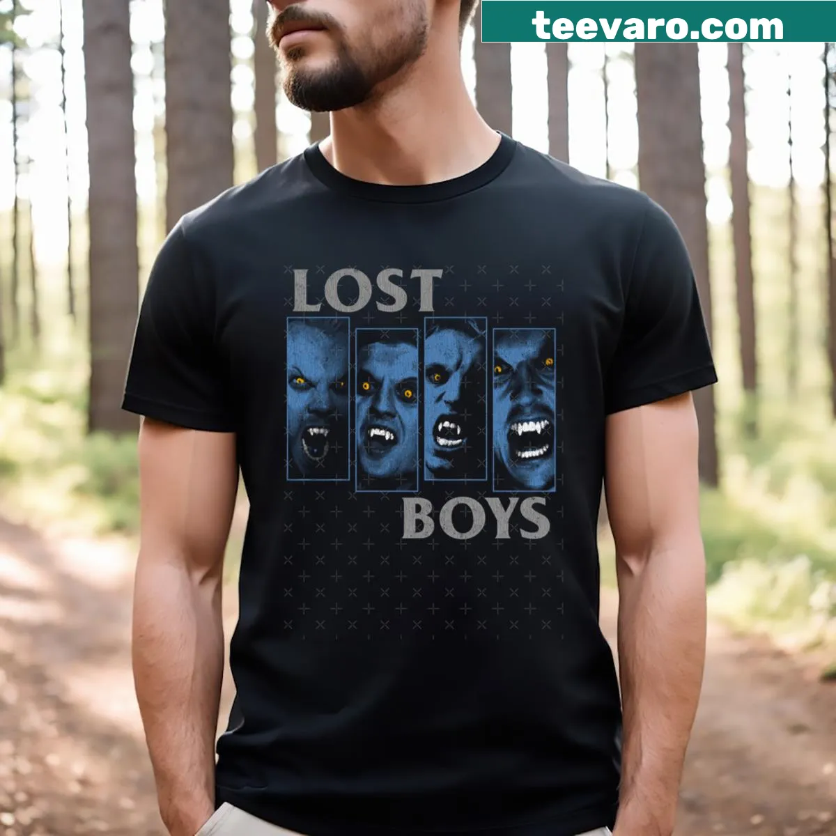 Retro design featuring The Lost Boys and Frog Brothers — on a men's t-shirt