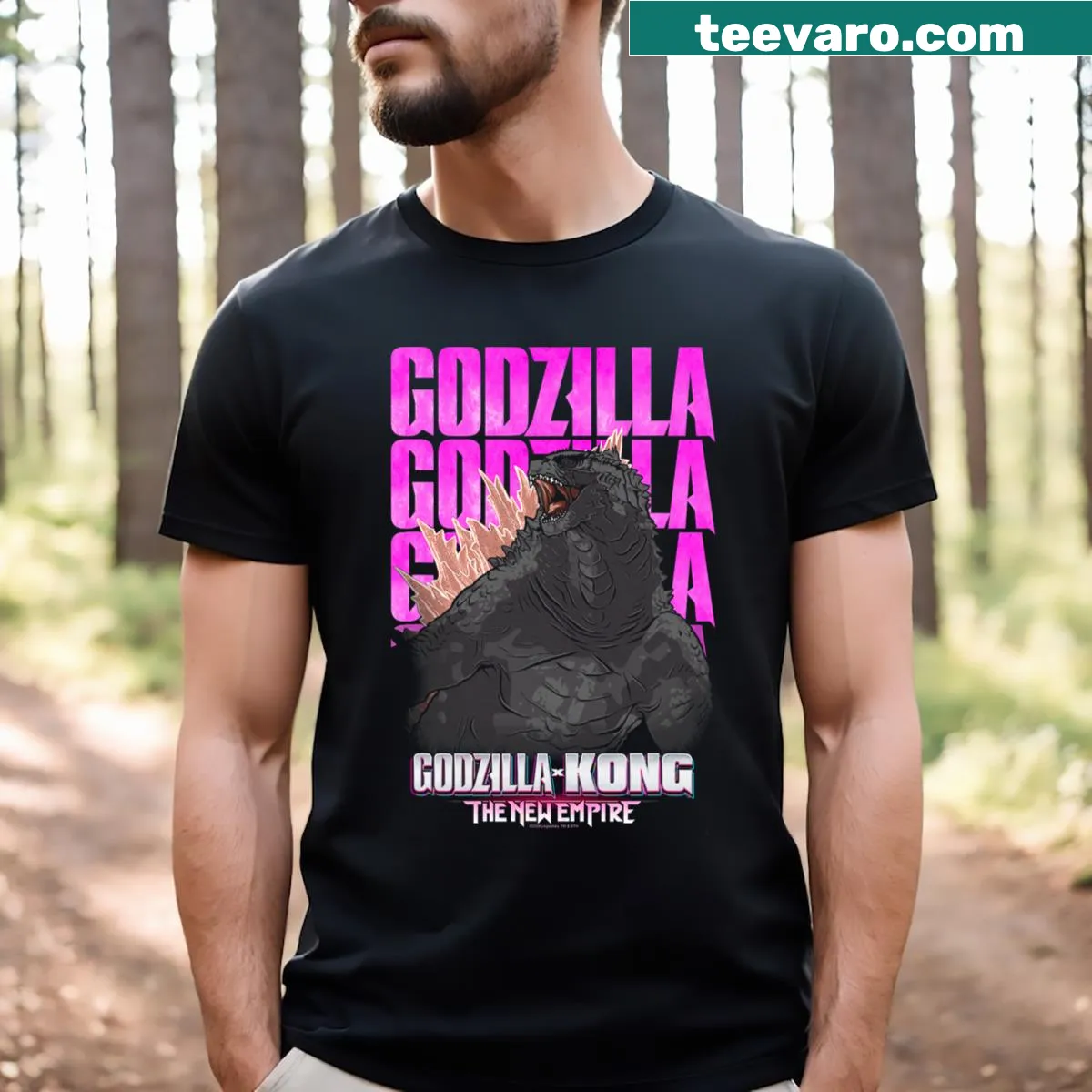 Retro t-shirt featuring a repeating Godzilla graphic from The New Empire movie. — on a men's t-shirt