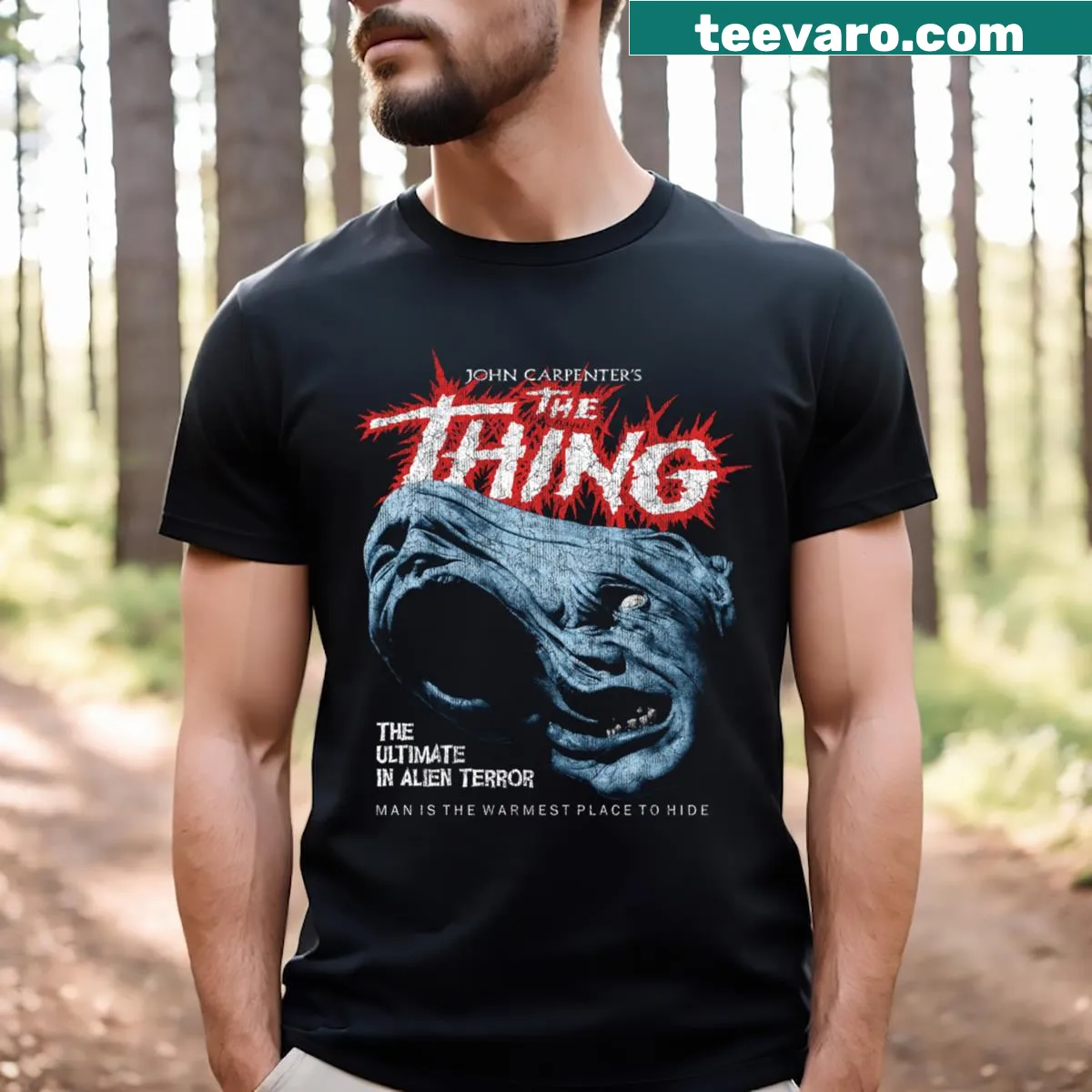 The Thing T-shirt featuring design inspired by John Carpenter's horror film — on a men's t-shirt