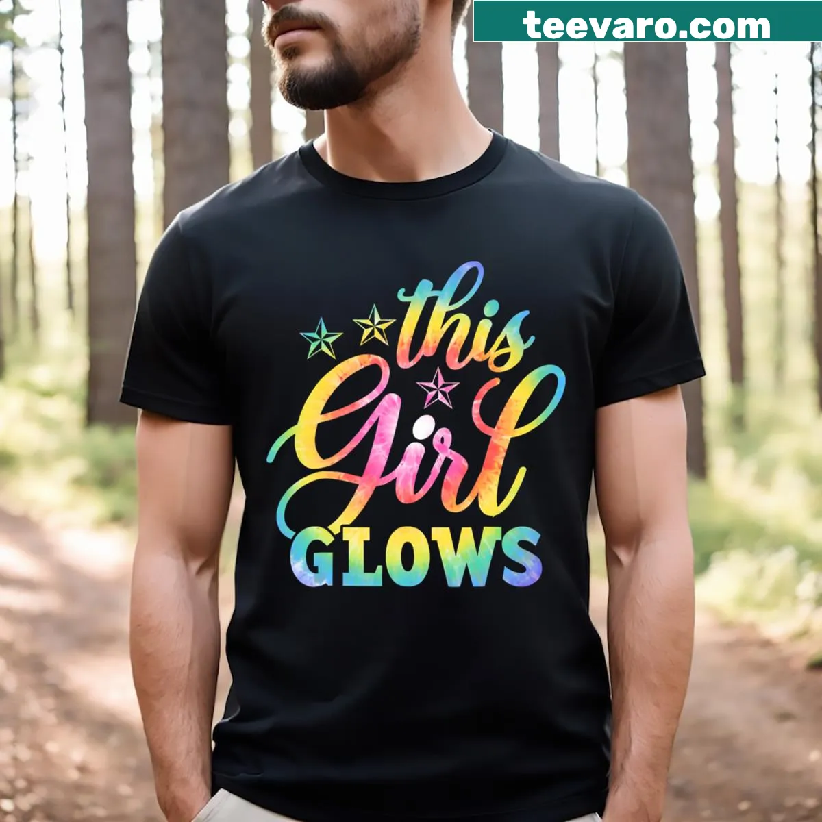 T-shirt featuring text 'This Girl Glows For & Girls' with an 80s disco vibe — on a men's t-shirt