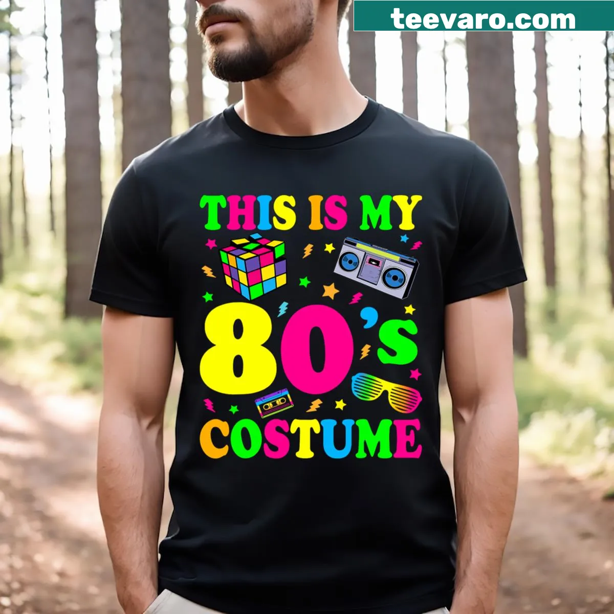 Retro t-shirt proclaiming 'This Is My 80's Costume Outfit' — on a men's t-shirt