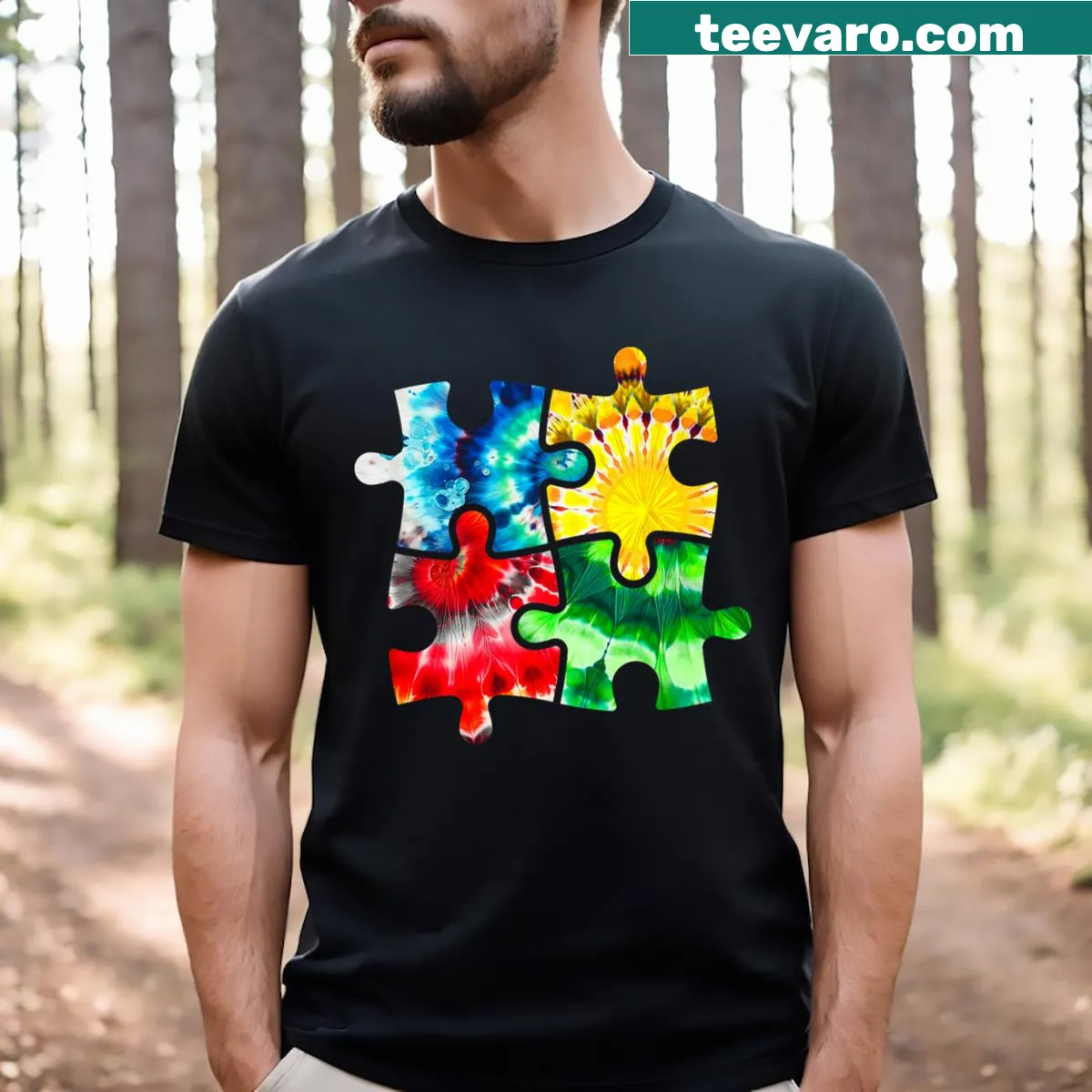 Puzzle pieces autism awareness graphic T-shirt — on a men's t-shirt