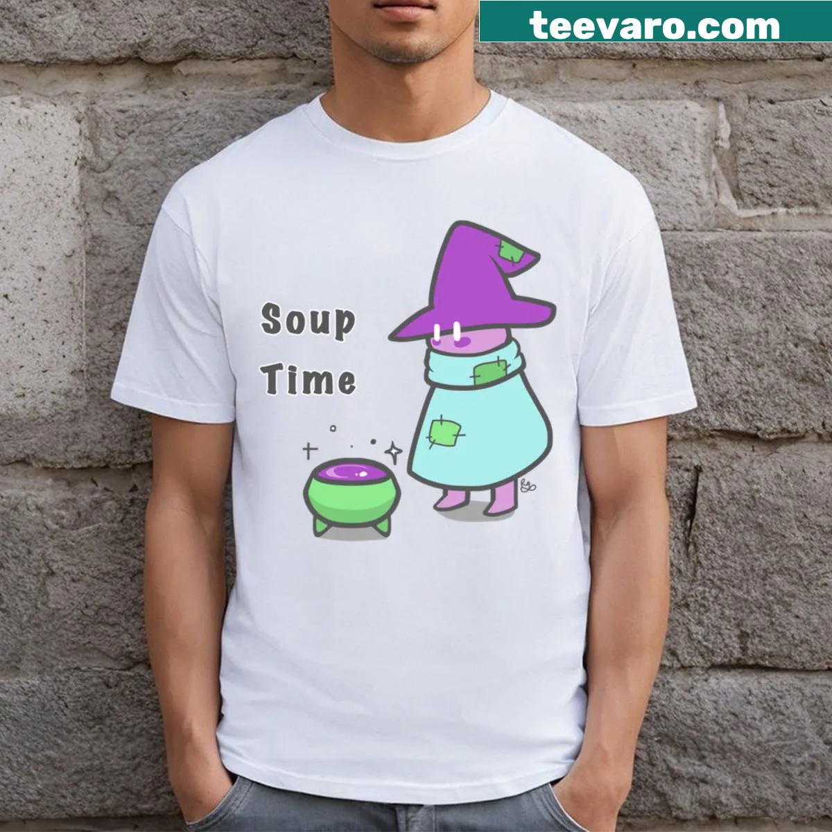 Playful wizard art T-shirt with soup theme — on a men's t-shirt