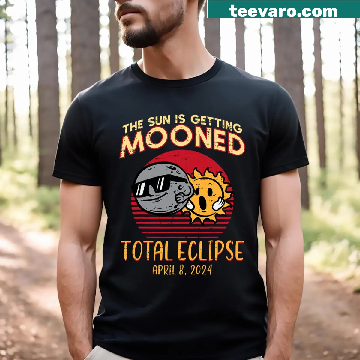 T-shirt featuring a playful design of the sun getting mooned for eclipse — on a men's t-shirt