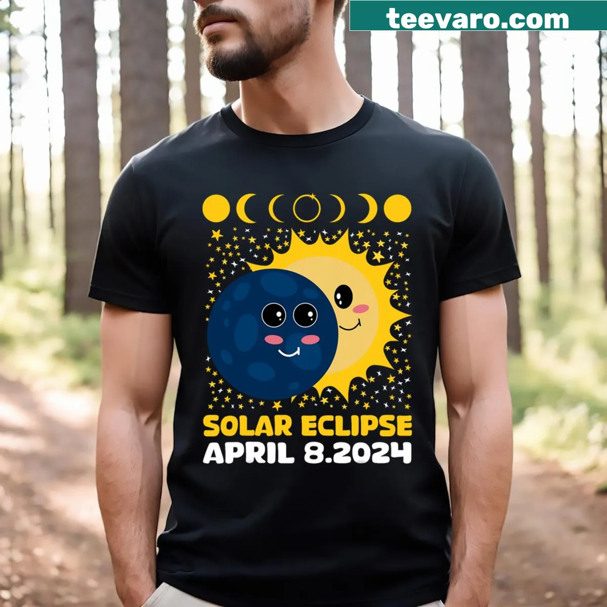 Cute T-shirt for kids depicting a playful solar eclipse design — on a men's t-shirt