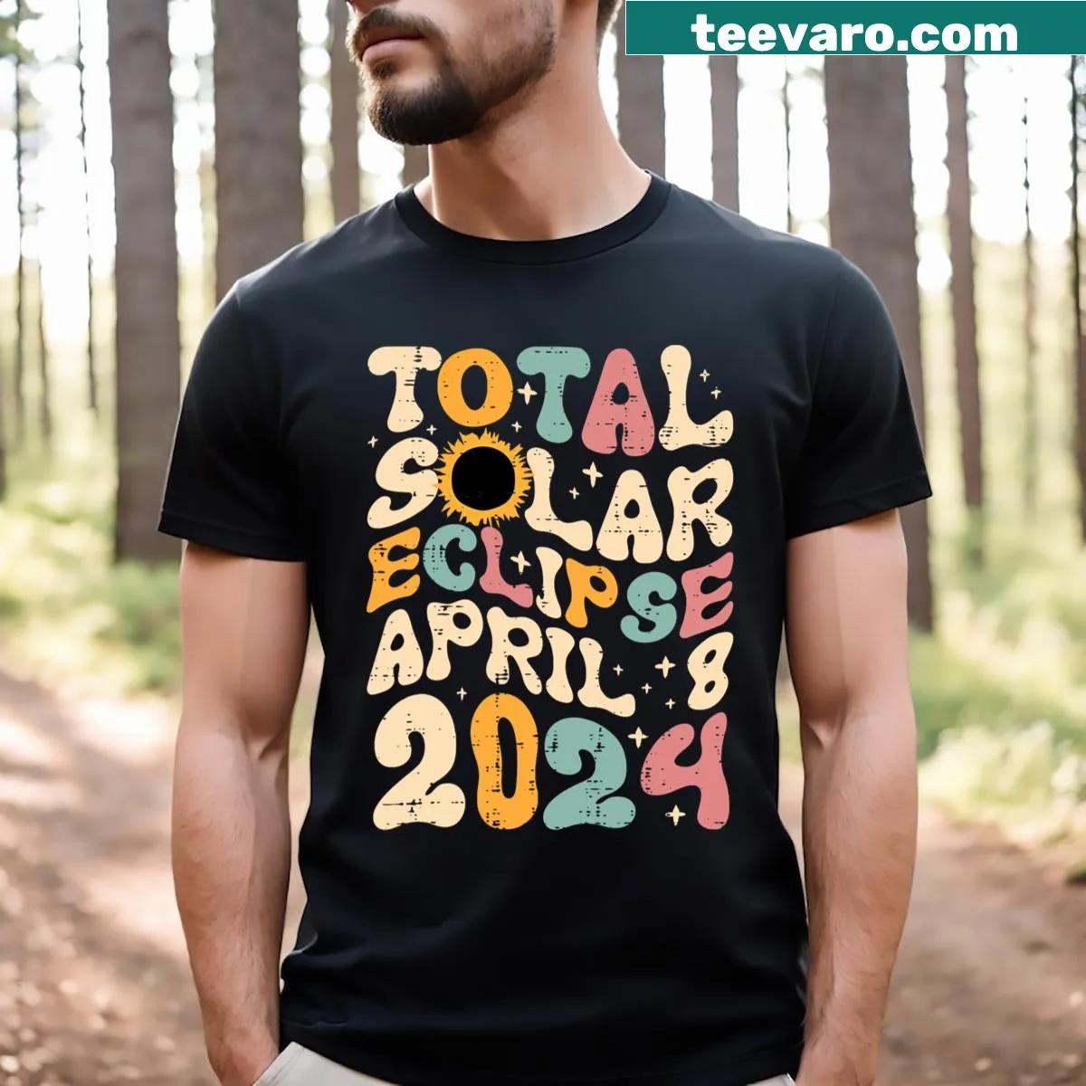Retro groovy T-shirt for the April 8, 2024 solar eclipse — on a men's t-shirt
