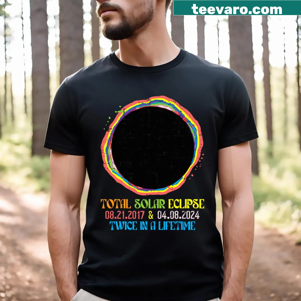 Graphic t-shirt commemorating two solar eclipses in 2024 and 2017 — on a men's t-shirt