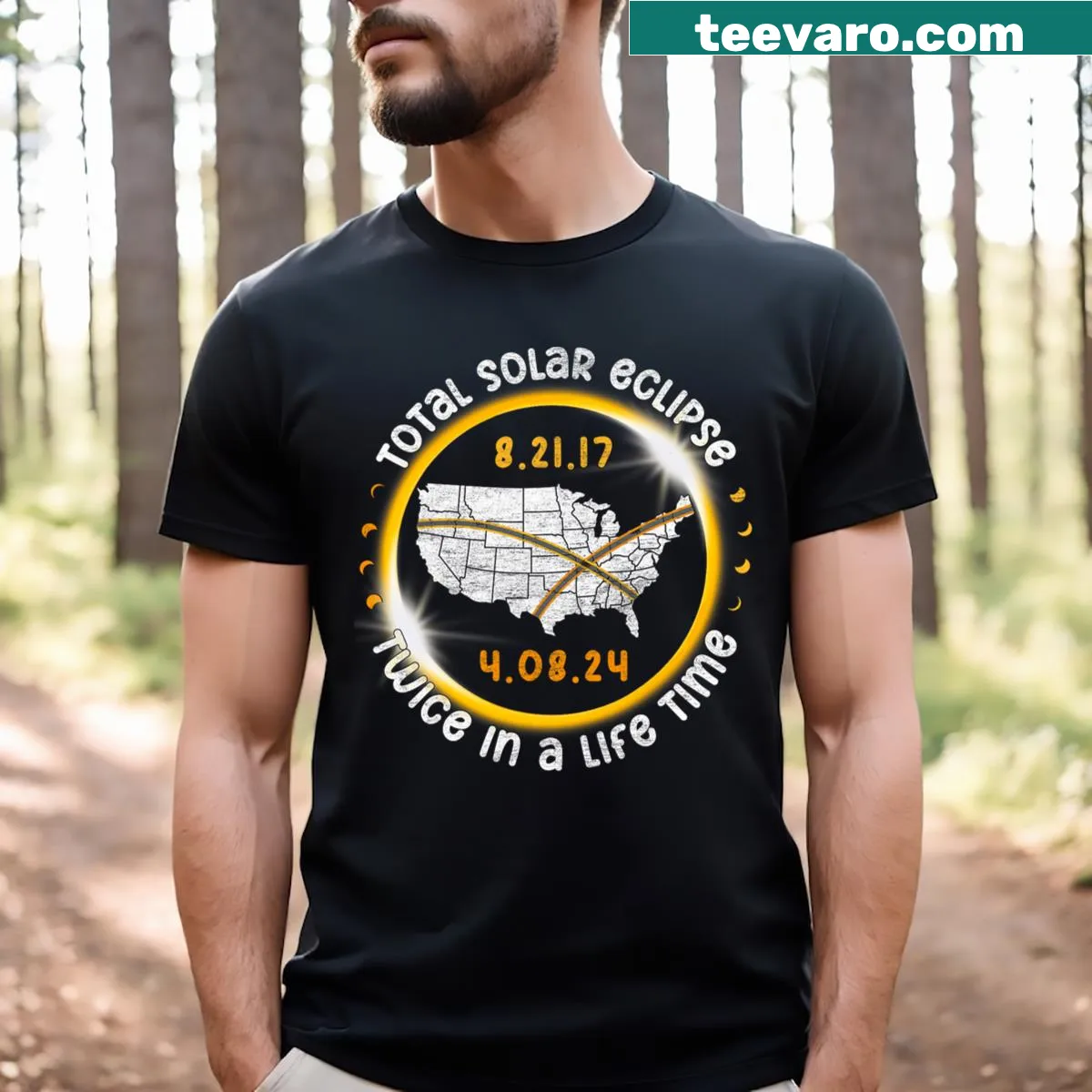 T-shirt showcasing a graphic for the Total Solar Eclipse 2024. — on a men's t-shirt