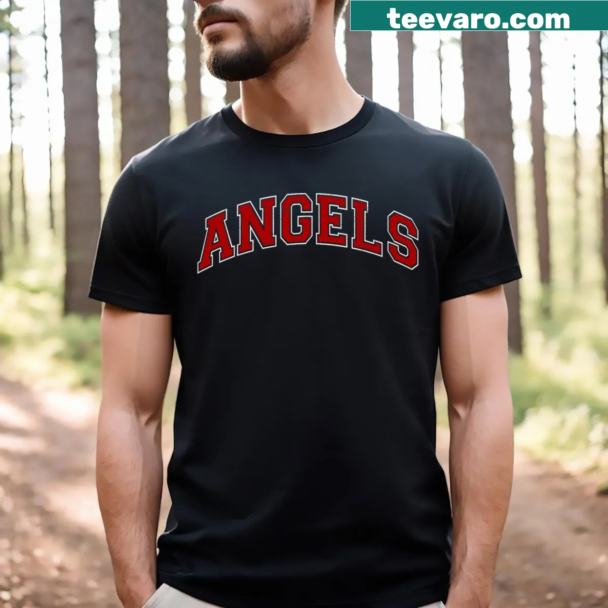 Vintage-style T-shirt with Angels sports name in athletic text — on a men's t-shirt