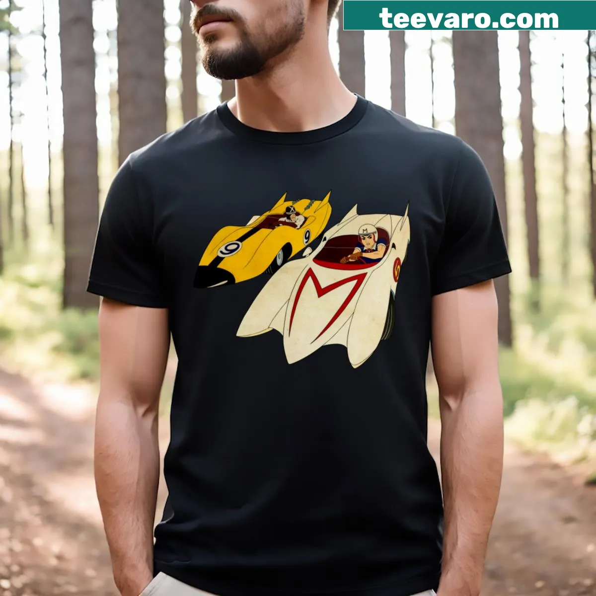 Speed Racer graphic tee with racing theme and typography — on a men's t-shirt