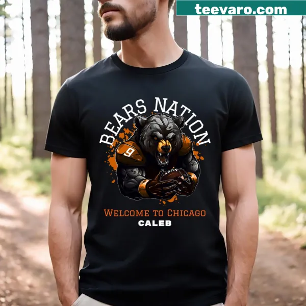 Illustrative T-shirt welcoming you to Chicago with city-themed graphics.