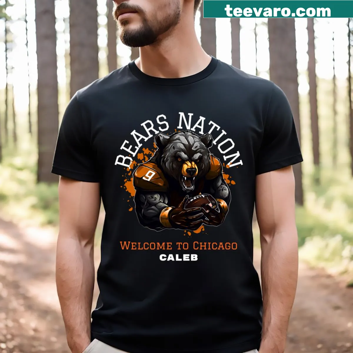 Illustrative T-shirt welcoming you to Chicago with city-themed graphics. — on a men's t-shirt