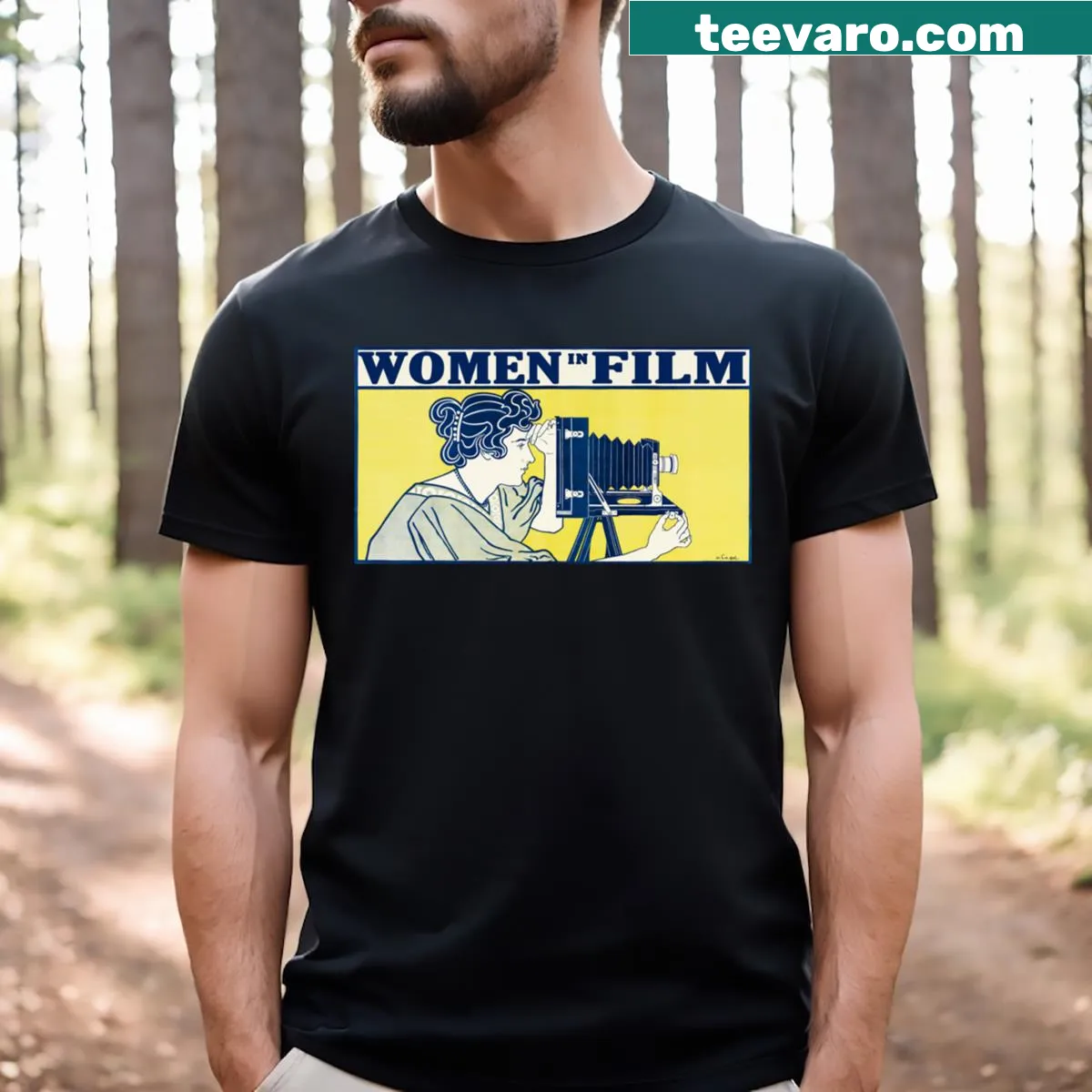 Illustrative Women in Film graphic T-shirt celebrating female filmmakers — on a men's t-shirt