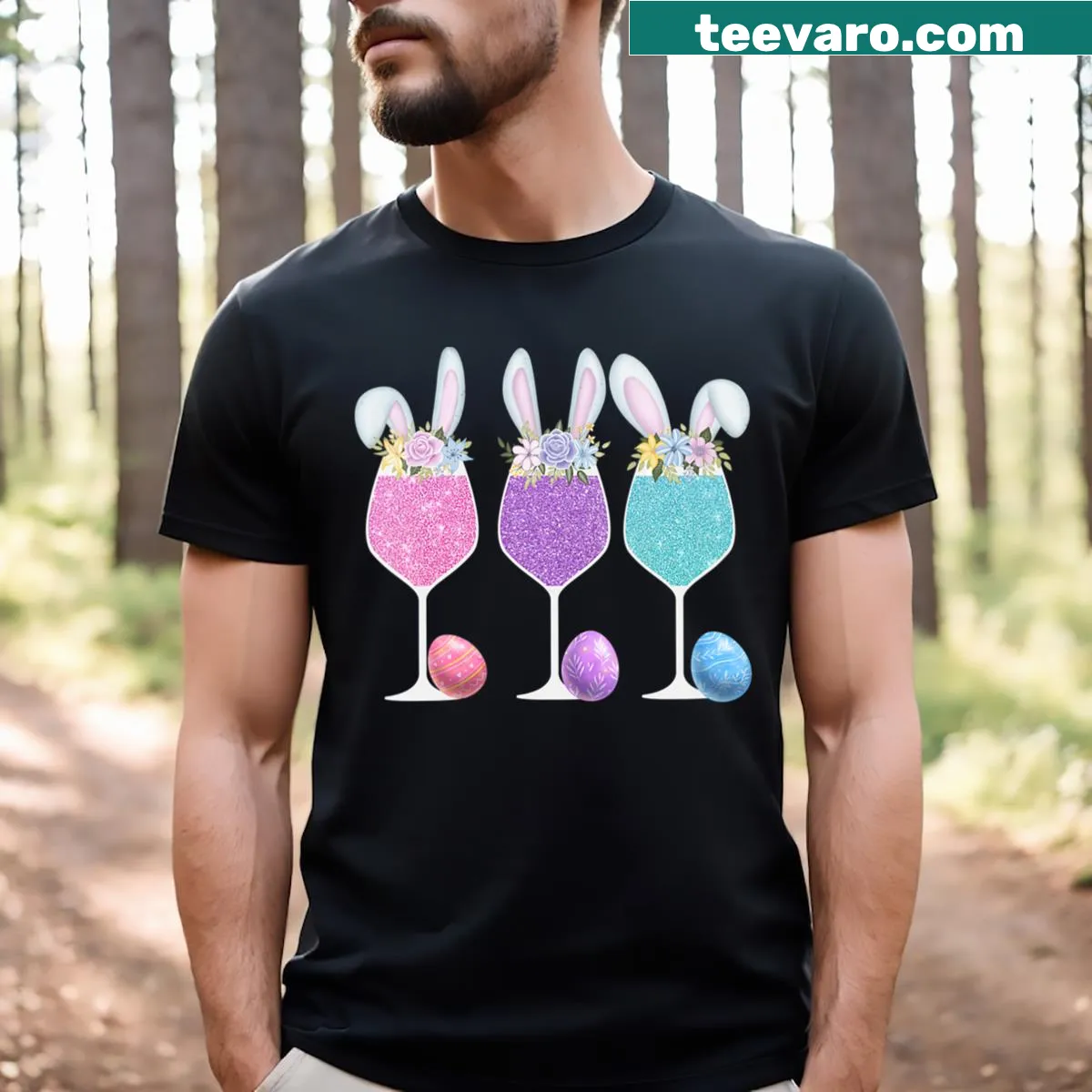 Easter-themed V-neck tee with bunny ears and wine glasses graphic — on a men's t-shirt