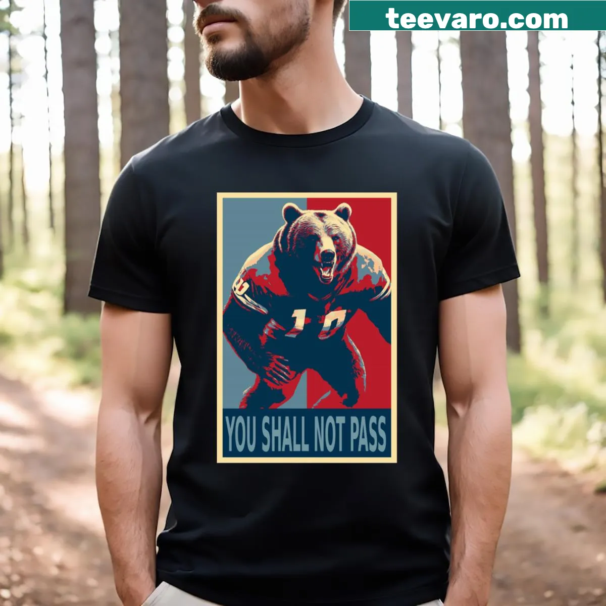 T-shirt with an illustration of a bear in a football defense position — on a men's t-shirt