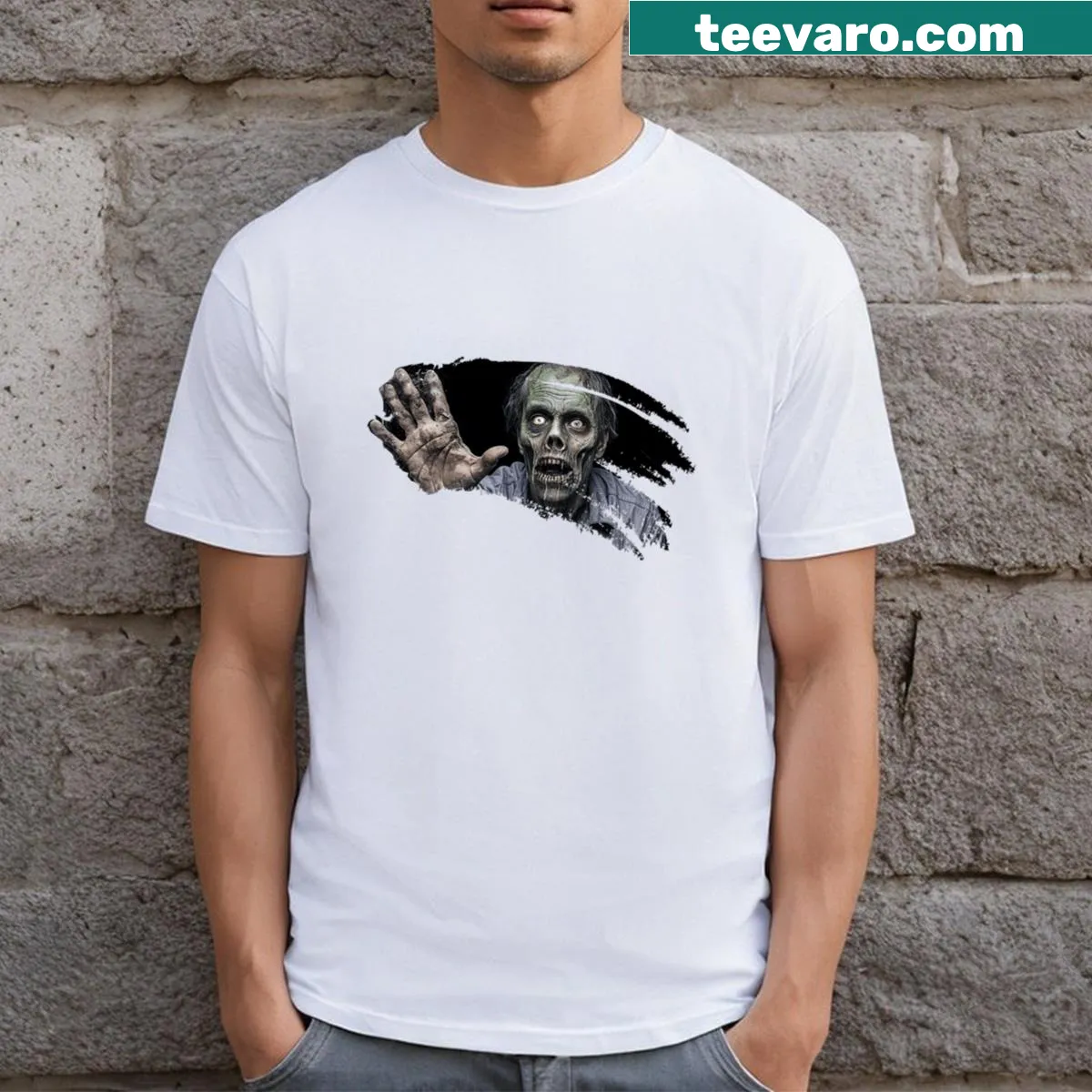 Playful T-shirt featuring a cartoon zombie watching you — on a men's t-shirt