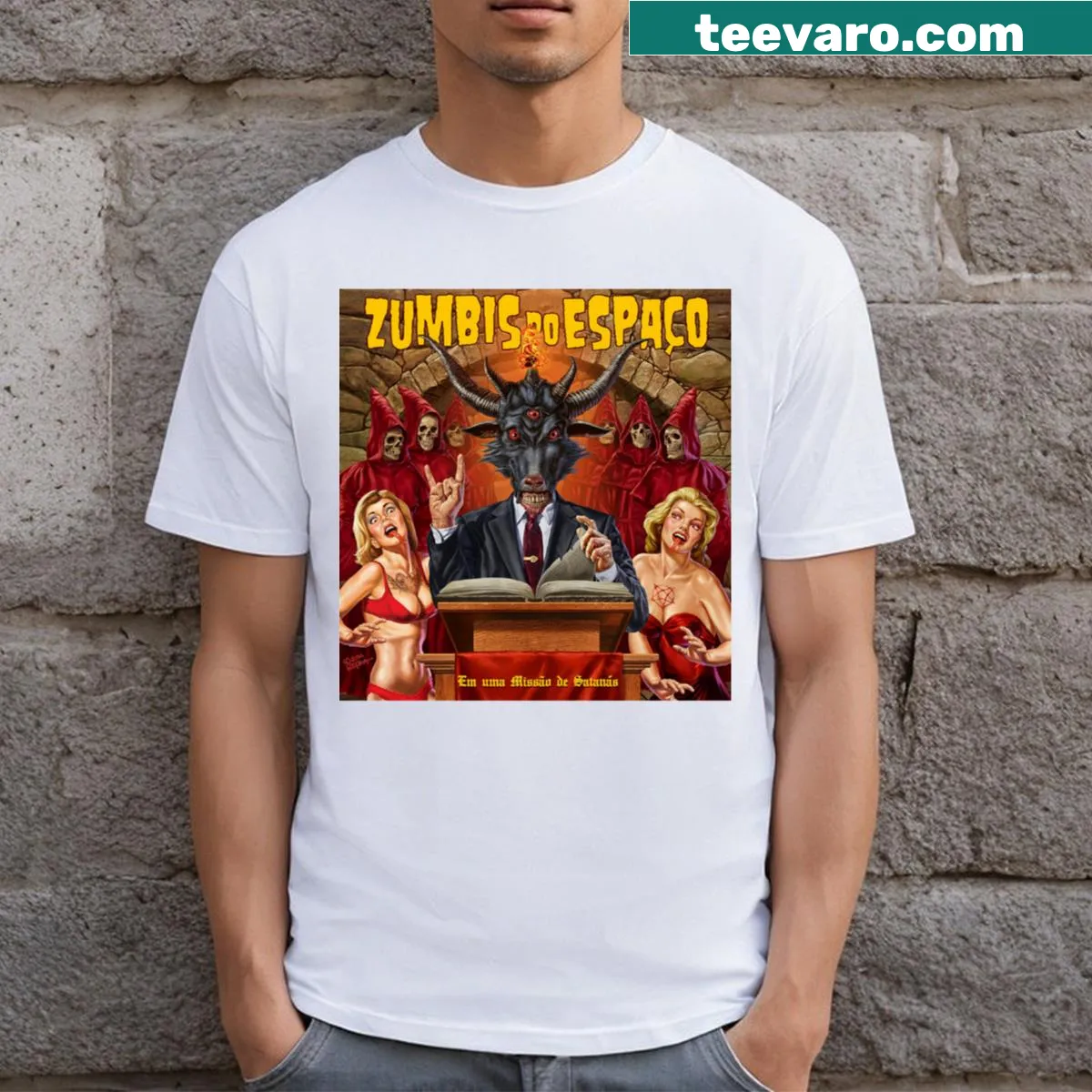 Bold T-shirt depicting zombies from outer space — on a men's t-shirt