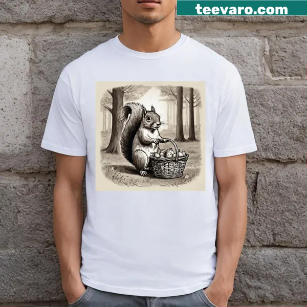 Graphic T-shirt of a squirrel stealing a picnic basket