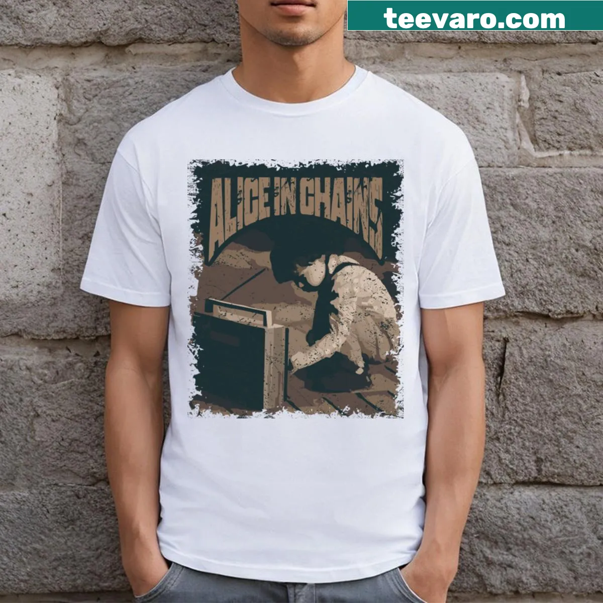 Vintage-style t-shirt featuring a distressed radio graphic for Alice In Chains fans. — on a men's t-shirt