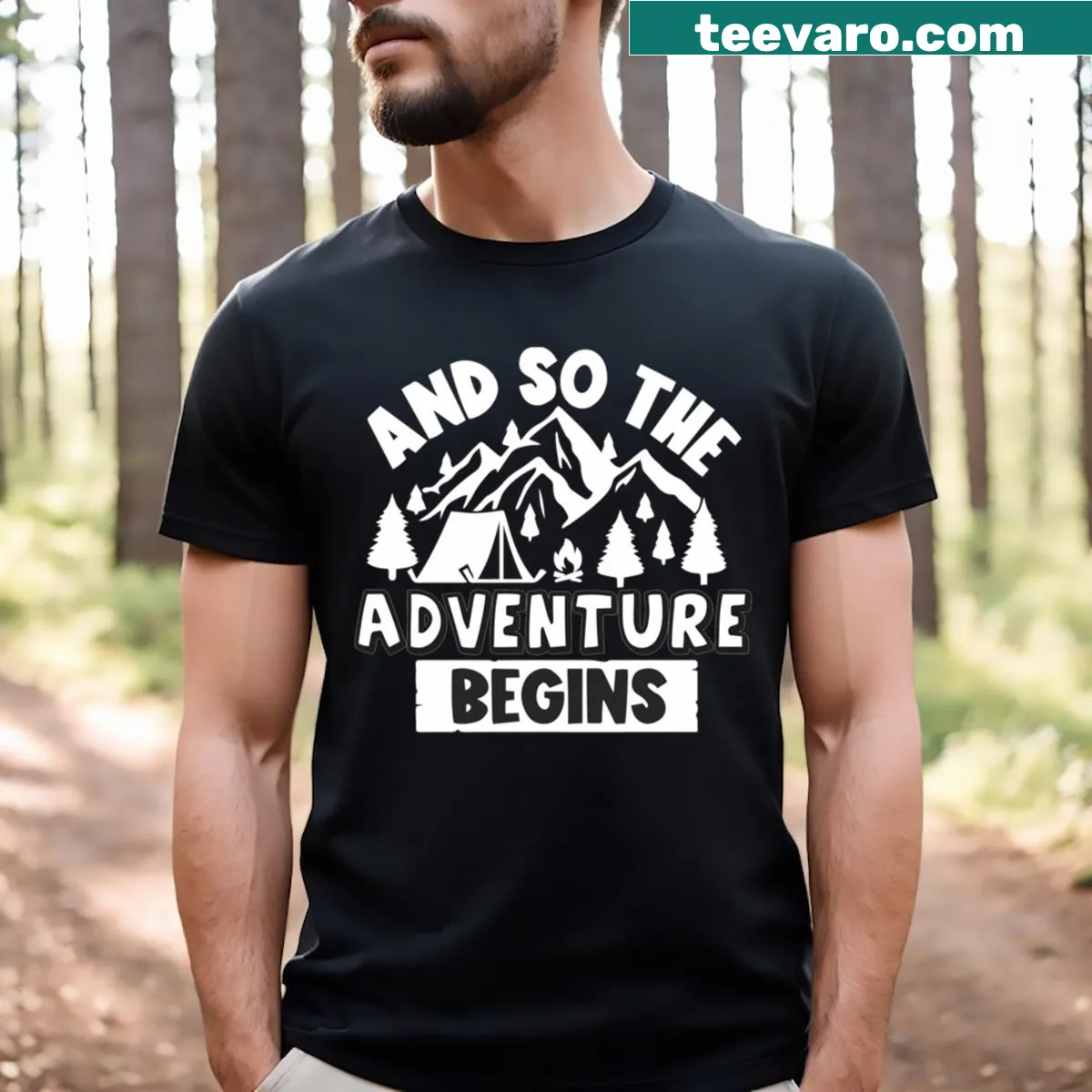 Motivational t-shirt featuring the phrase 'And So The Adventure Begins.' — on a men's t-shirt
