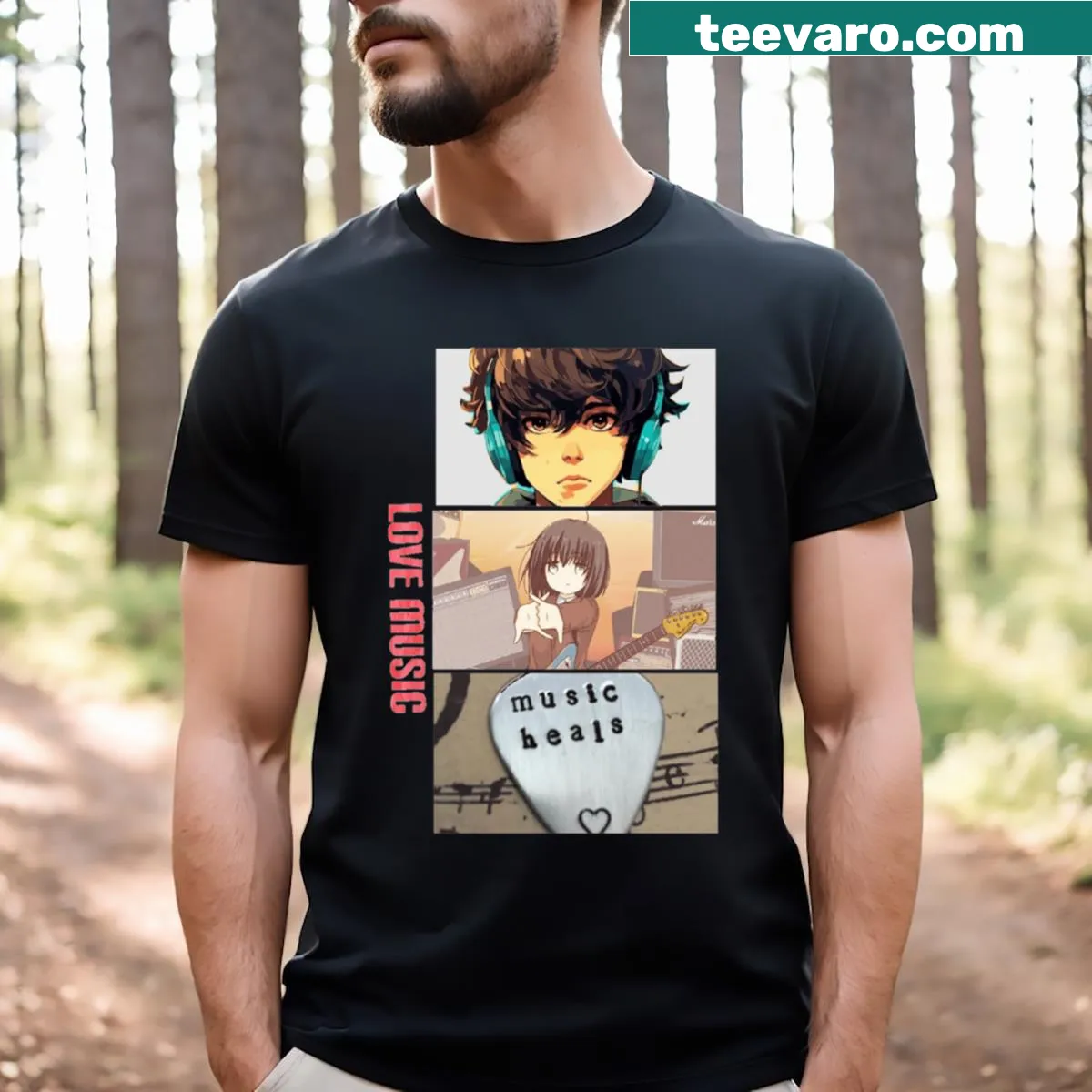 Anime-inspired T-shirt featuring illustrations of music and art themes — on a men's t-shirt