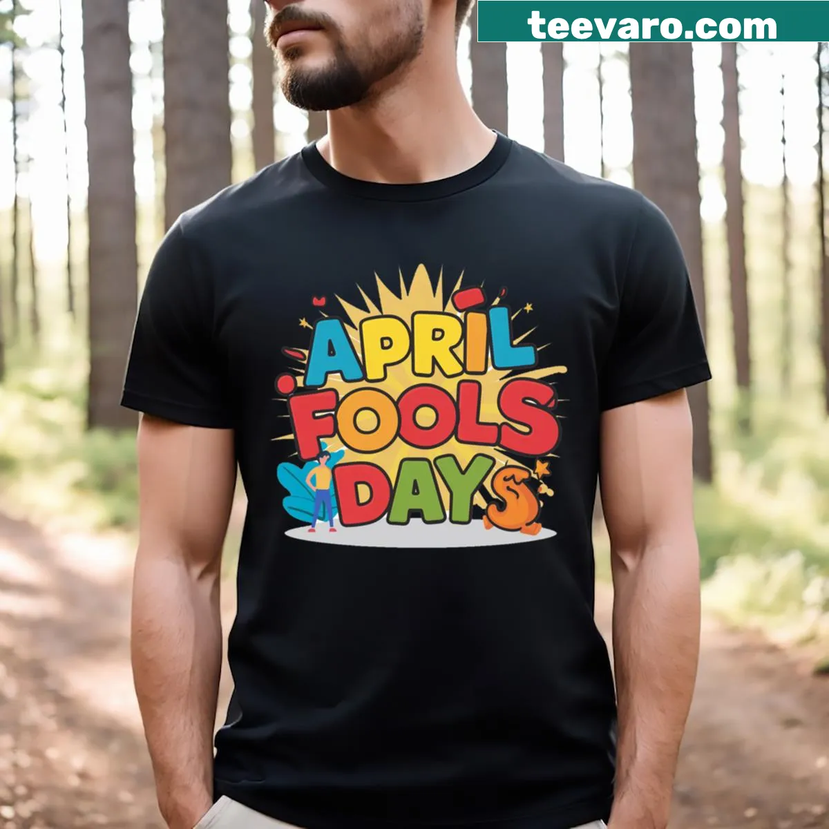 Whimsical T-shirt designed for April Fools' Day with playful graphics — on a men's t-shirt