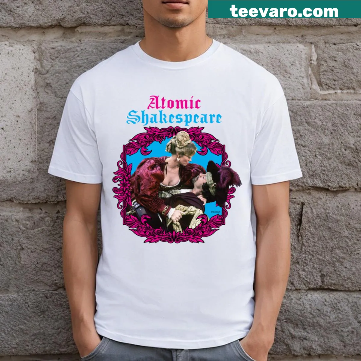 Atomic Shakespeare T-shirt with a clever text design blending literature and science — on a men's t-shirt
