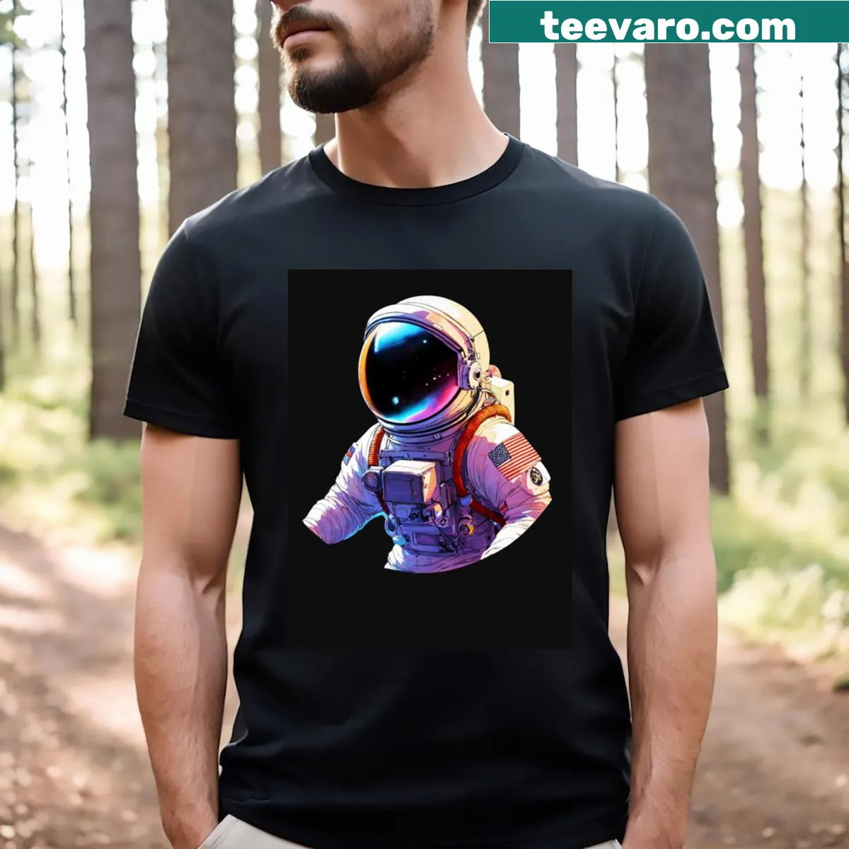 Charming t-shirt featuring an astronaut floating in space — on a men's t-shirt