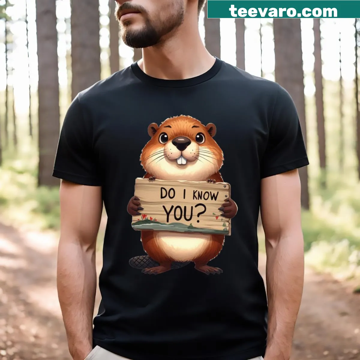 Humorous Beaver With Question T-shirt featuring a cartoon graphic — on a men's t-shirt