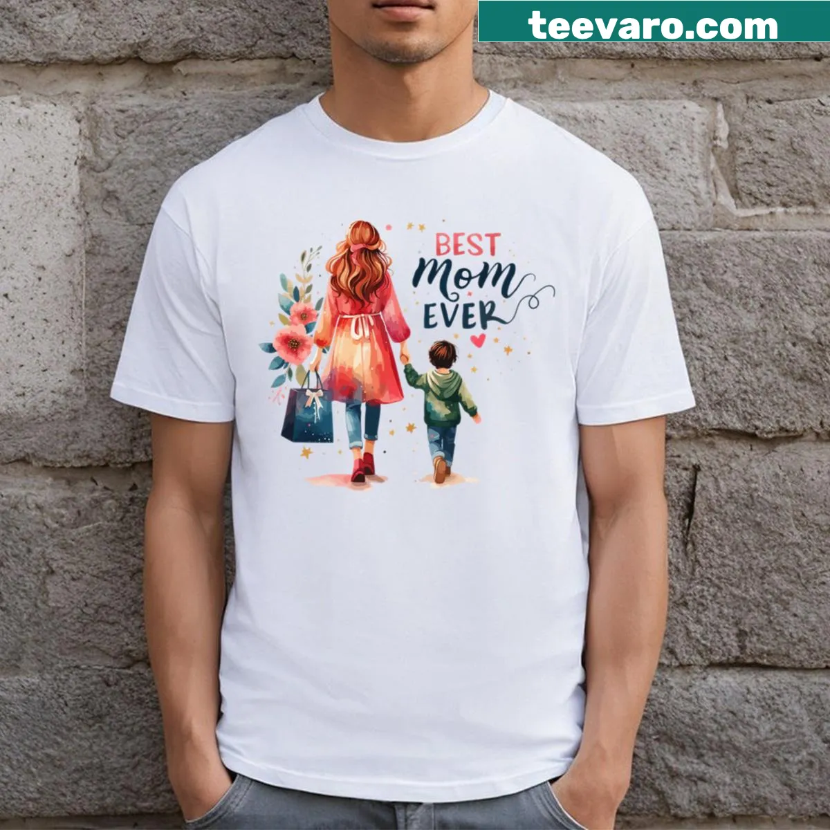 T-shirt featuring the text 'Best Mom Ever' in a heartfelt design — on a men's t-shirt