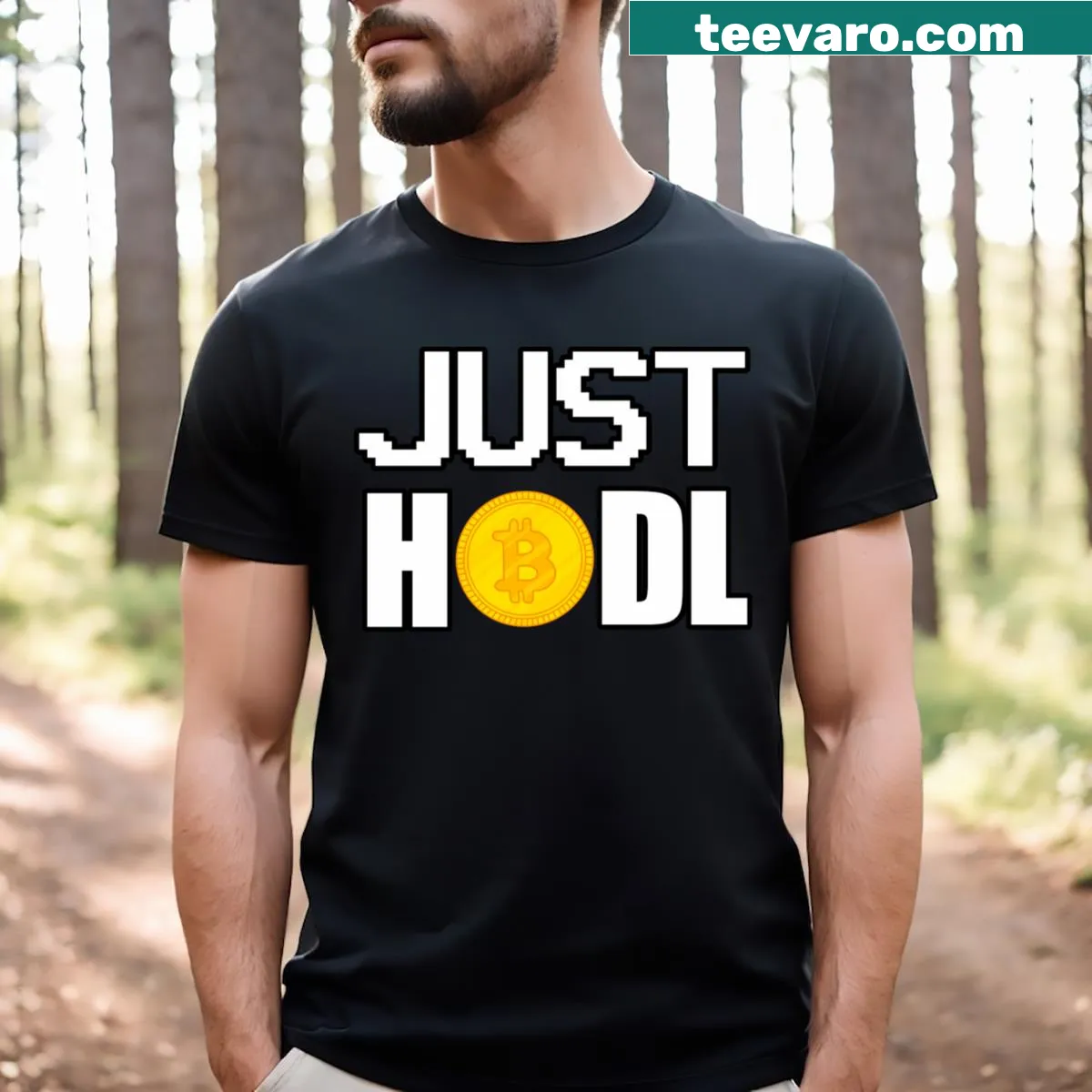 T-shirt with text 'Bitcoin Just Hodl' — on a men's t-shirt