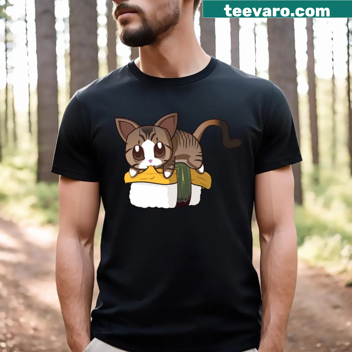Illustration of a cat as tamago sushi on a t-shirt — on a men's t-shirt