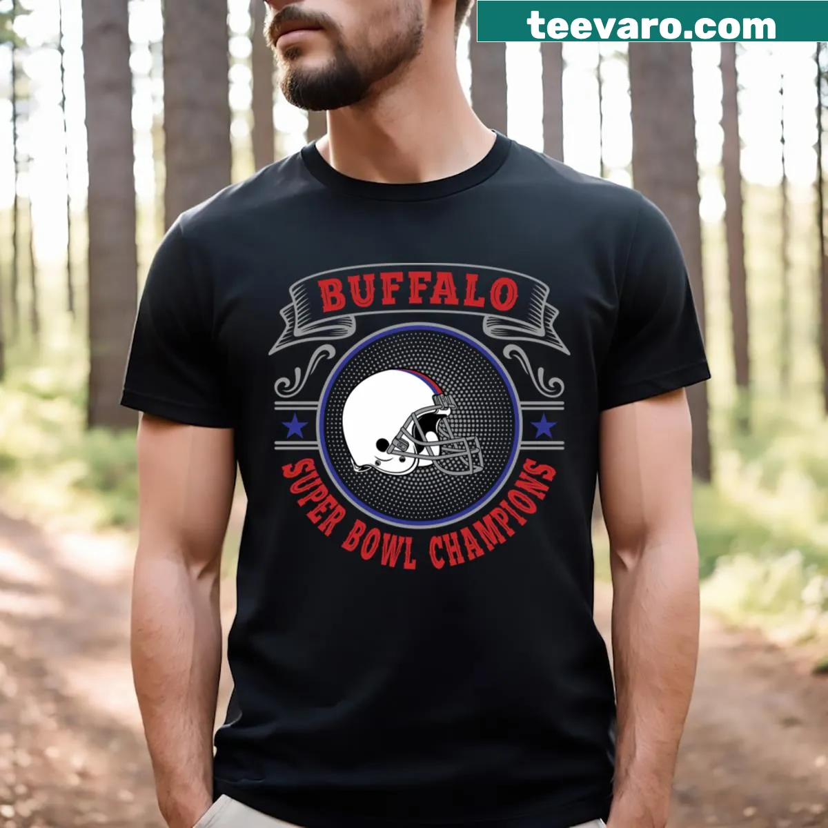 T-shirt celebrating Buffalo Super Bowl Champions — on a men's t-shirt