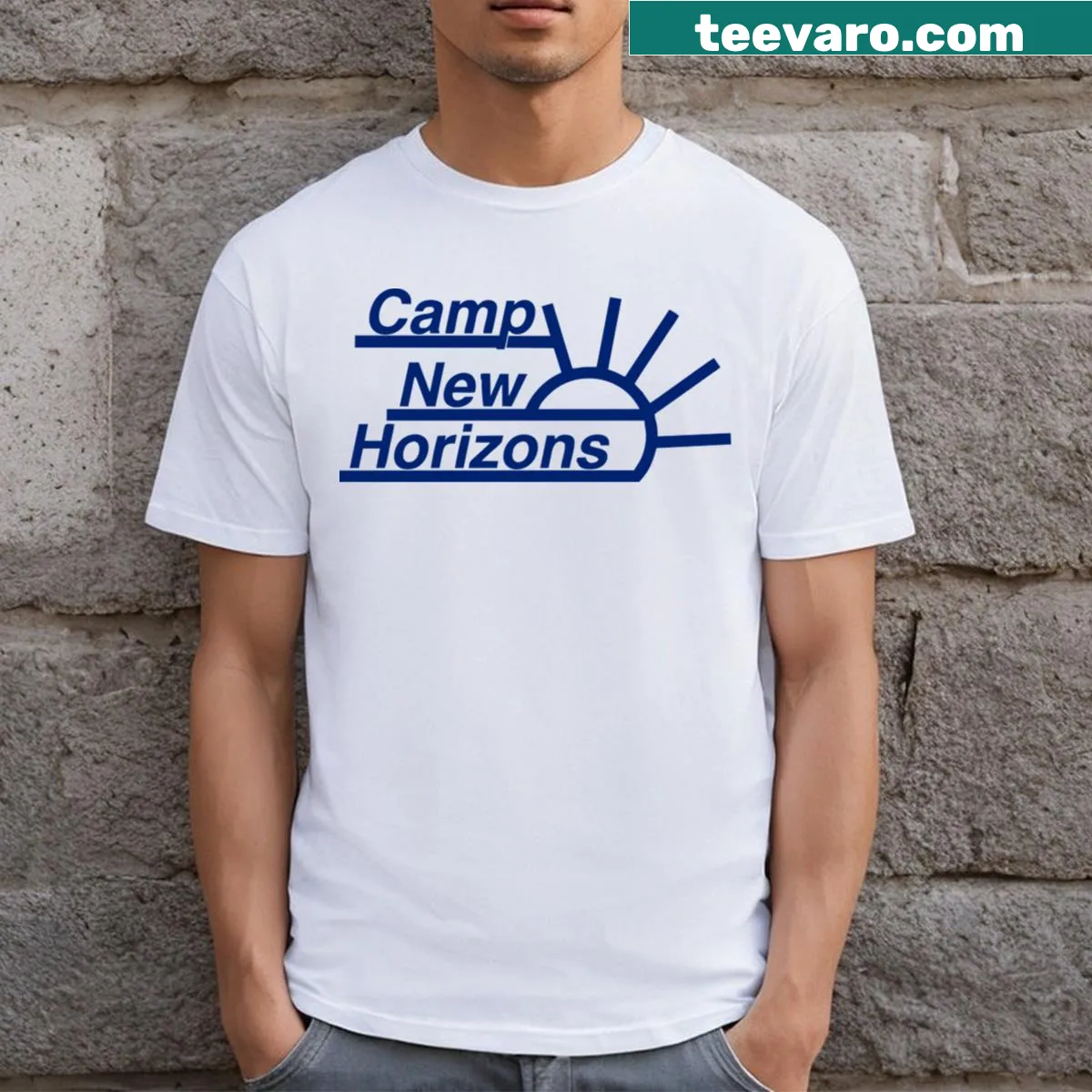 Illustrative design of Camp New Horizons on a casual t-shirt — on a men's t-shirt