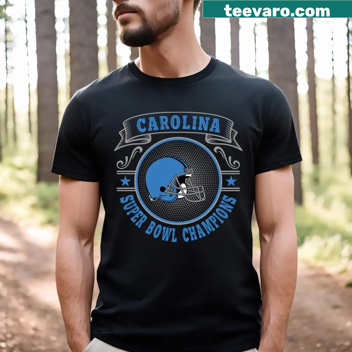 Commemorative Carolina Super Bowl Champions t-shirt — on a men's t-shirt