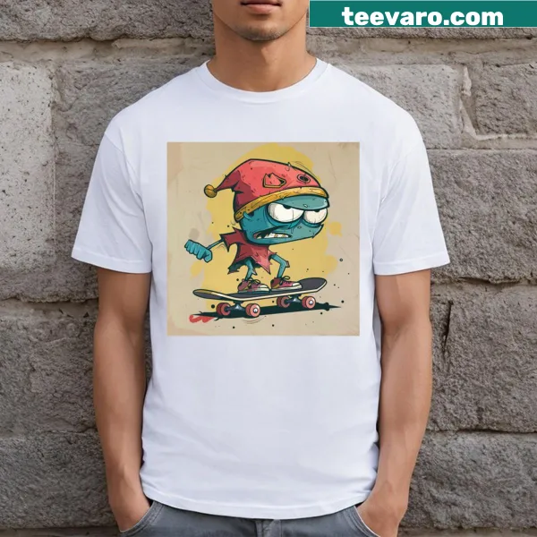 Cartoon T-shirt featuring a skateboarder in action, perfect for kids