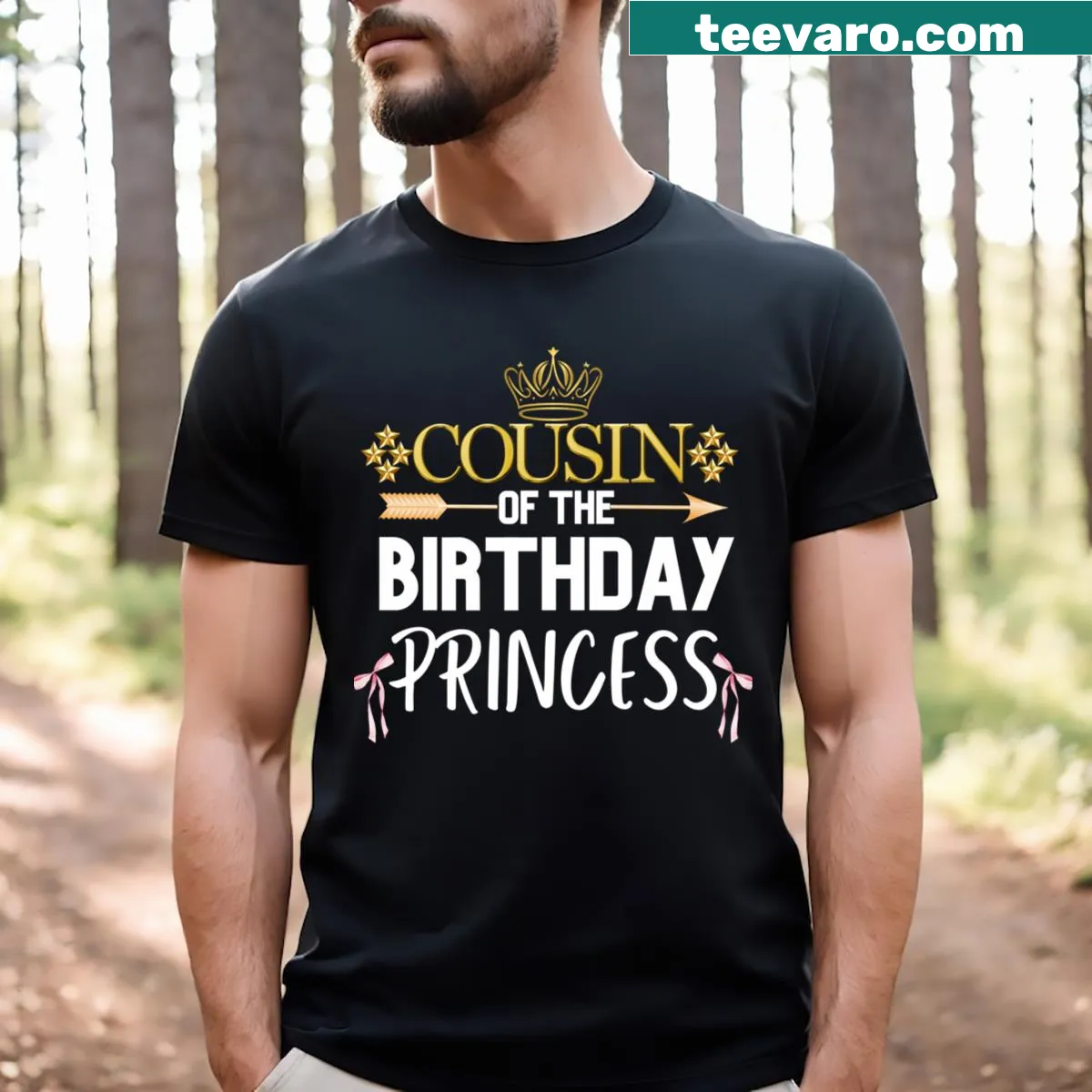 Typography design celebrating the cousin of the birthday princess — on a men's t-shirt
