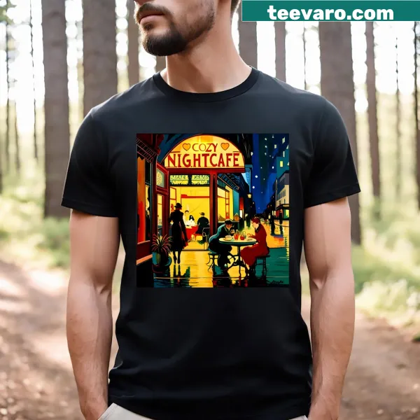 Illustration of a cozy night cafe scene on a T-shirt