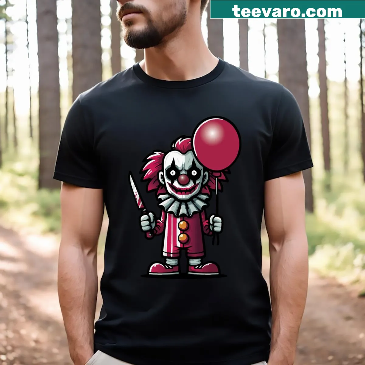 Creepy clown graphic T-shirt with a knife and balloon — on a men's t-shirt
