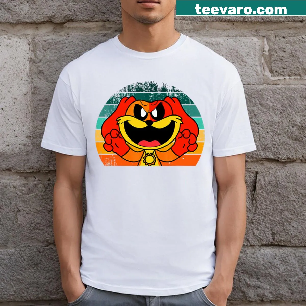 Cute t-shirt with an assortment of cartoon animals in a playful design — on a men's t-shirt
