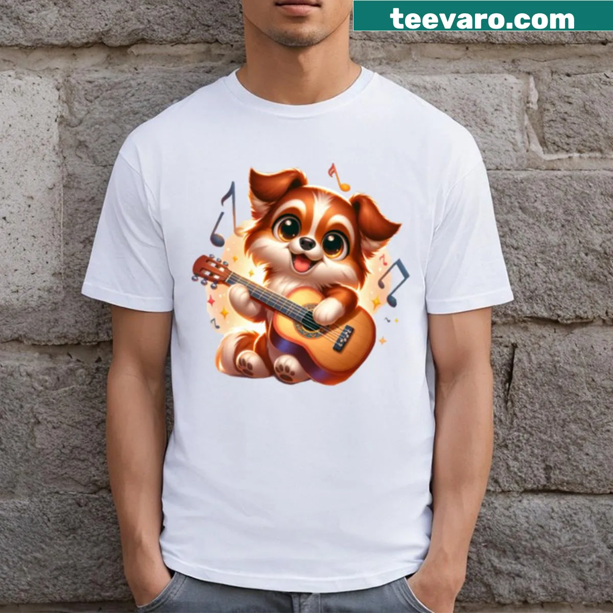 Cute cartoon dog with musical notes in a fun design — on a men's t-shirt