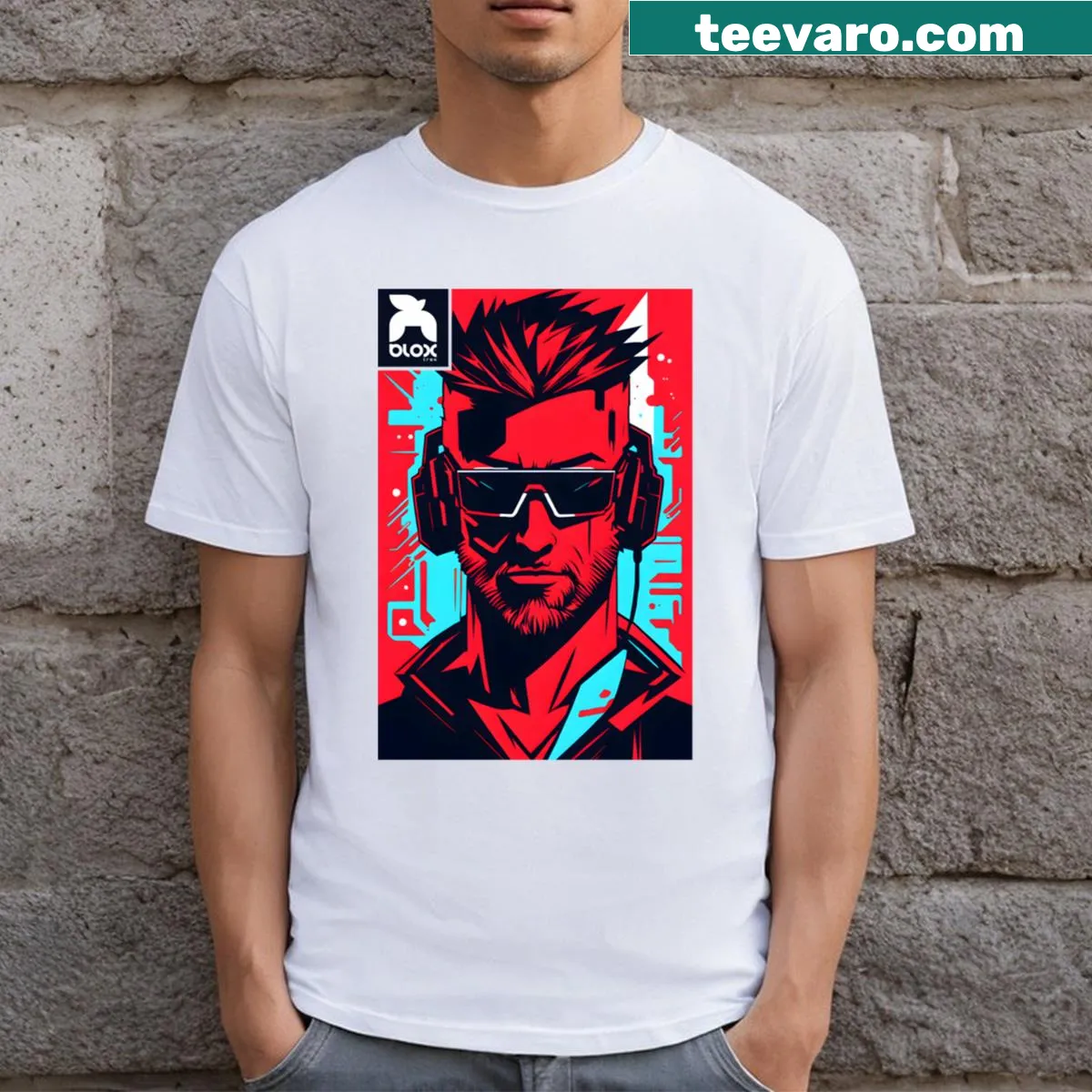 Cyberpunk cyborg emblem T-shirt with gamer reference No 46 — on a men's t-shirt