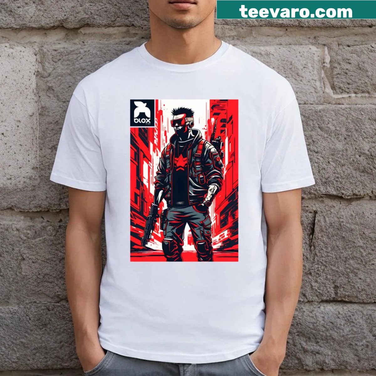 Cyberpunk cyborg hacker themed t-shirt with bold graphic — on a men's t-shirt