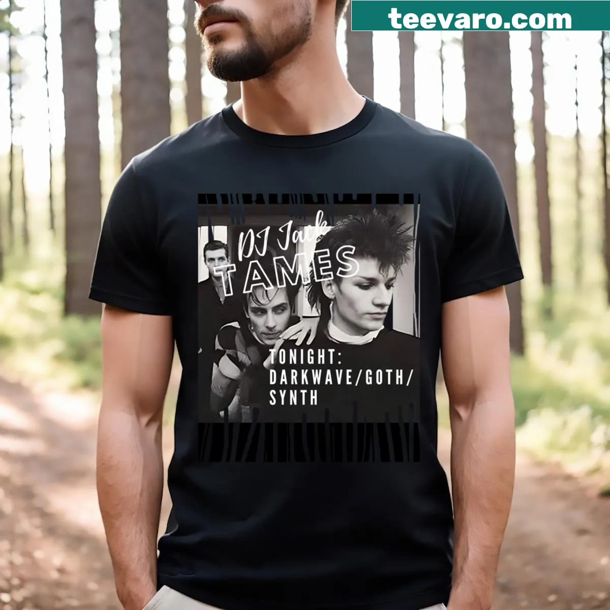 Goth-inspired darkwave music graphic t-shirt — on a men's t-shirt