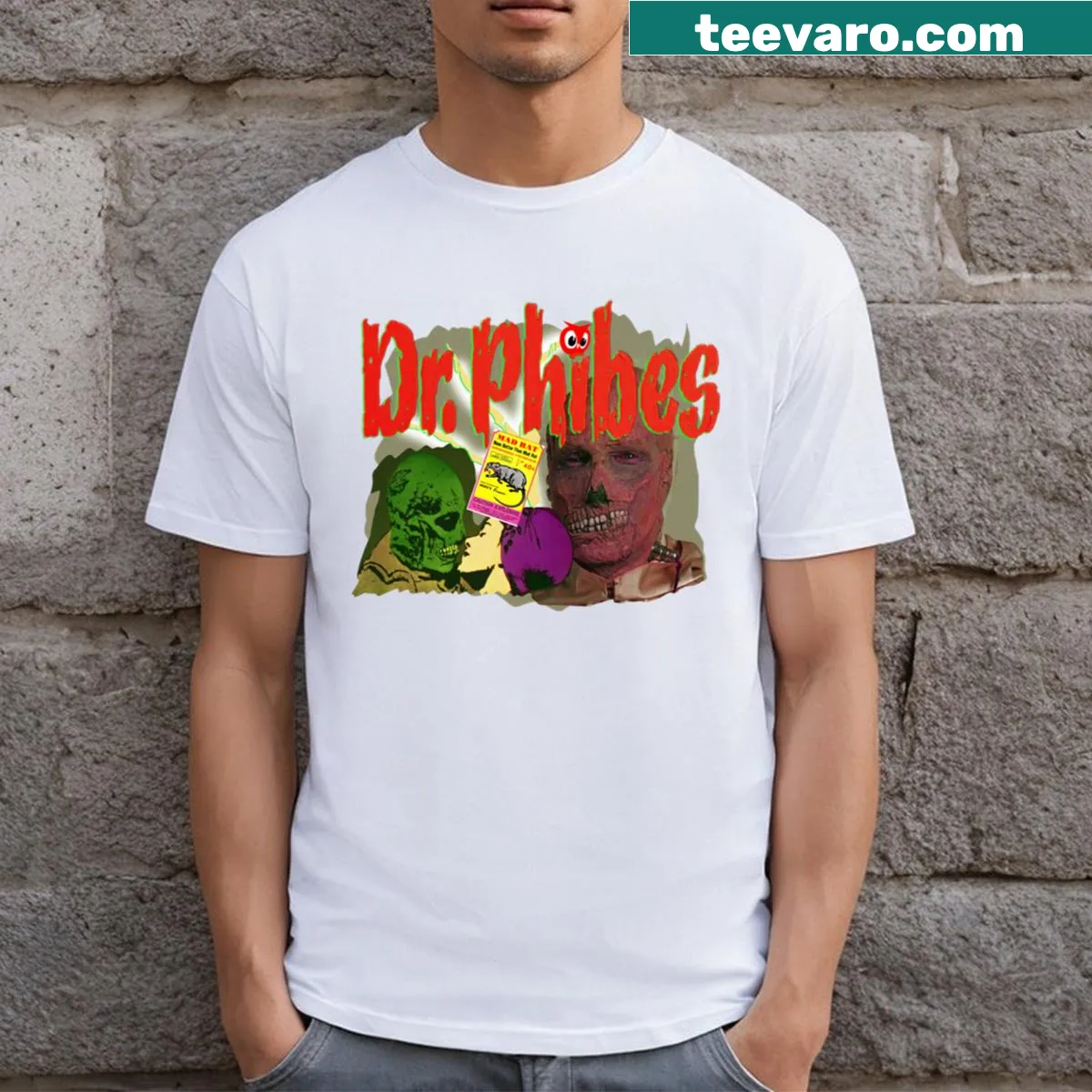 Illustrated Dr Phibes t-shirt featuring horror-themed design — on a men's t-shirt